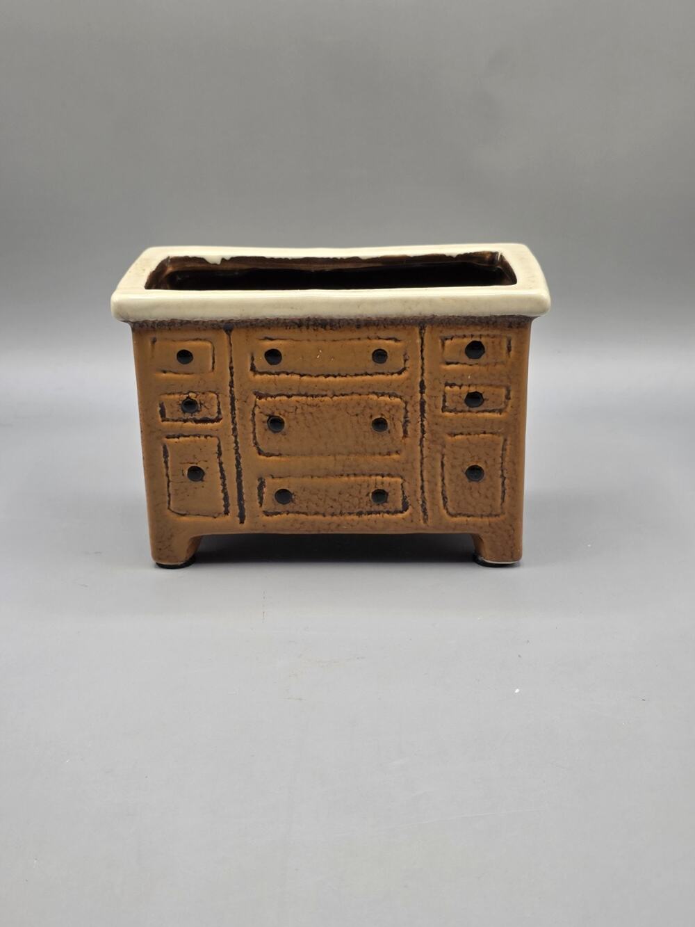 Ceramic Dresser Planter Vintage Style Brown Glaze Faux Cabinet Drawer Flower Pot